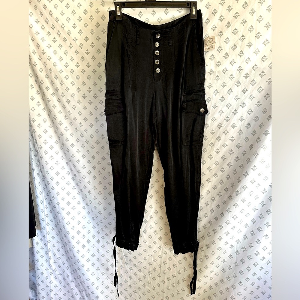 Free People Satin Black Ankle Cropped Cargo Pants